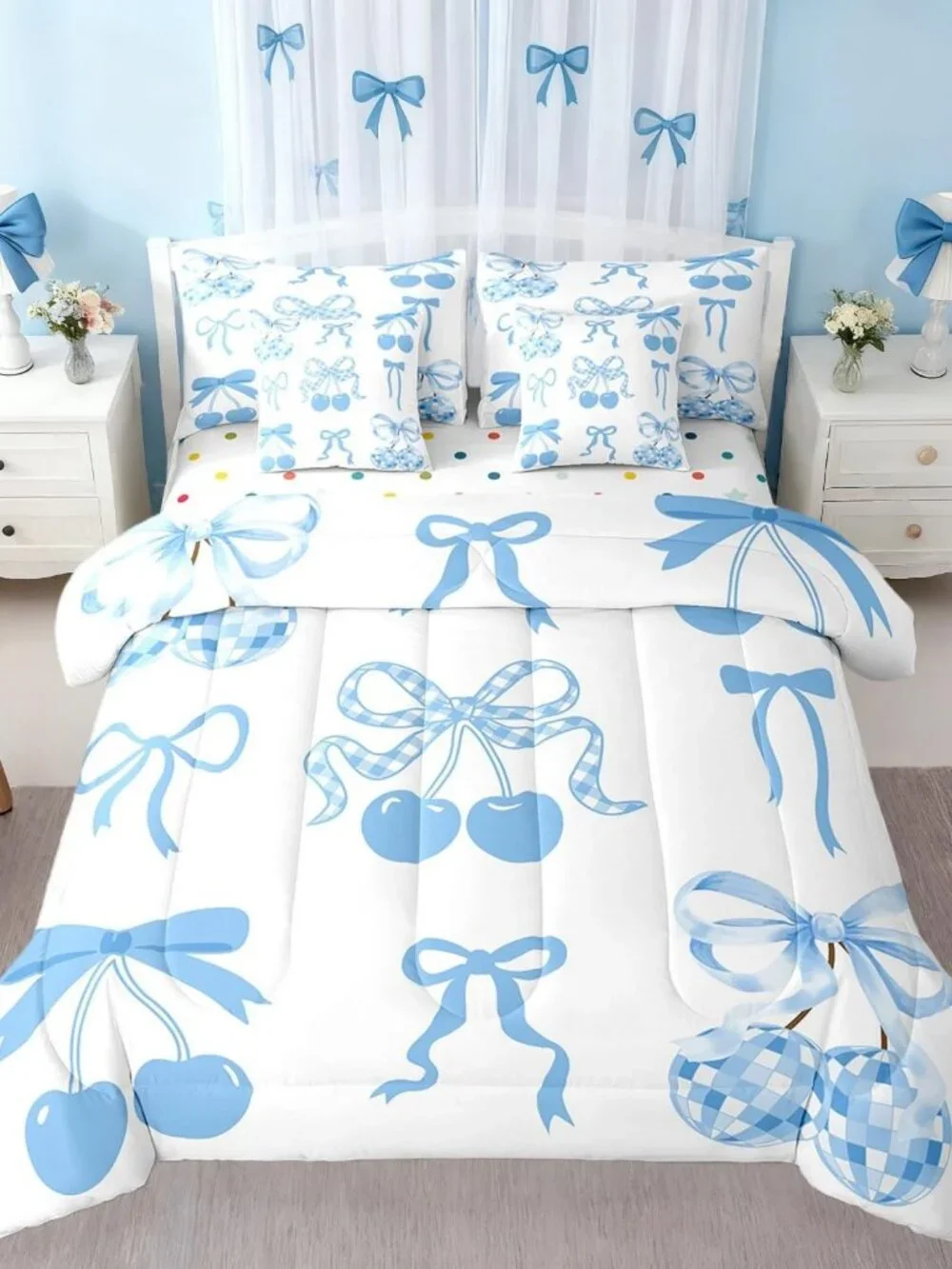 Kawaii Blue Bow Kids Comforter Set With Sheets For Boys Girls Twin Size,Cute Bow